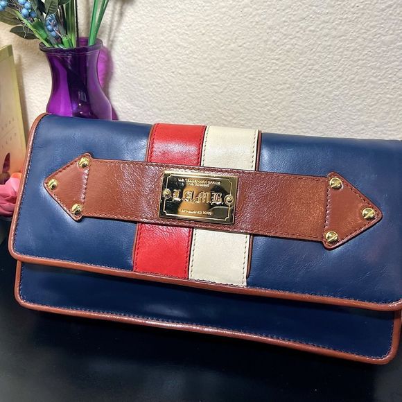 L.A.M.B. Handbags - LAMB by Gwen Stefani “Orissa” Navy/red/white Leather Clutch Gold HW EUC